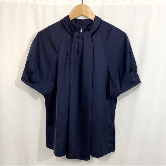 J. Crew Tops - J.Crew 365 Navy Mock Neck Pleated Short Sleeve Top